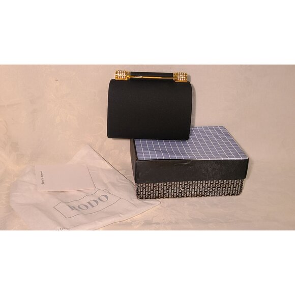 Rodo Handbags - VINTAGE RODO Italy Black Satin Evening Clutch Rhinestone Crystal Clasp Minaudier